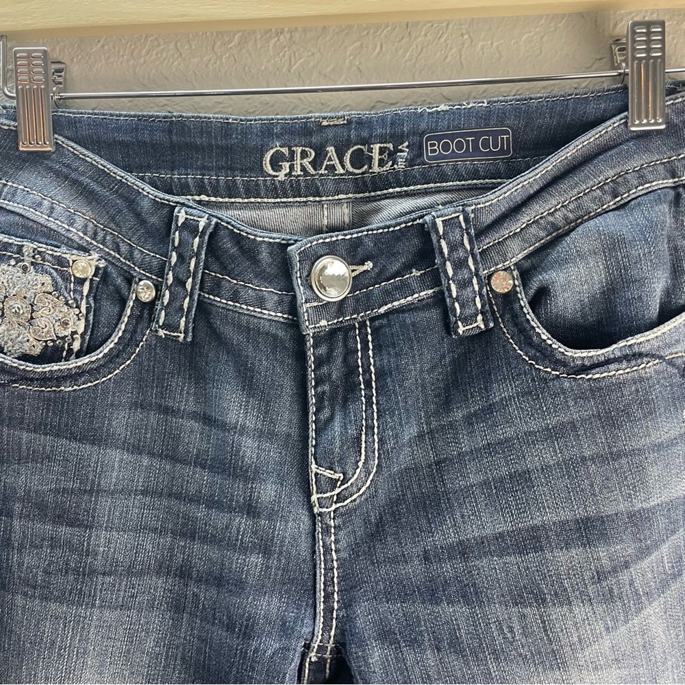 Grace in LA Women's Western Whiskering Embroidered fading Bootcut Jeans - Picture 6 of 10